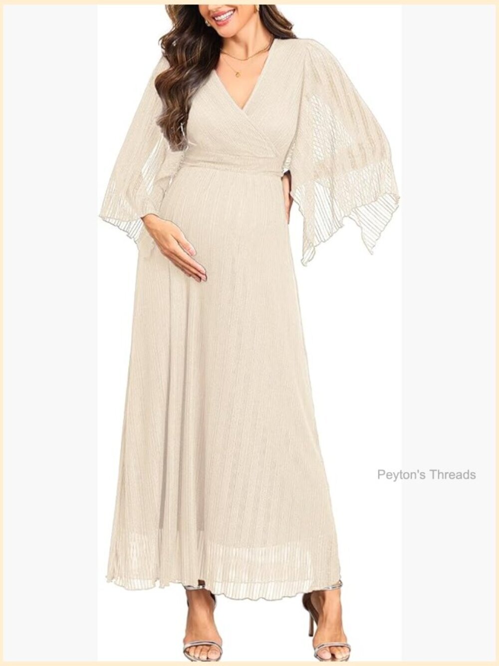Maternity Sparkly Mesh Maxi Dress Handkerchief Sleeves Wrap V Neck Flowy
